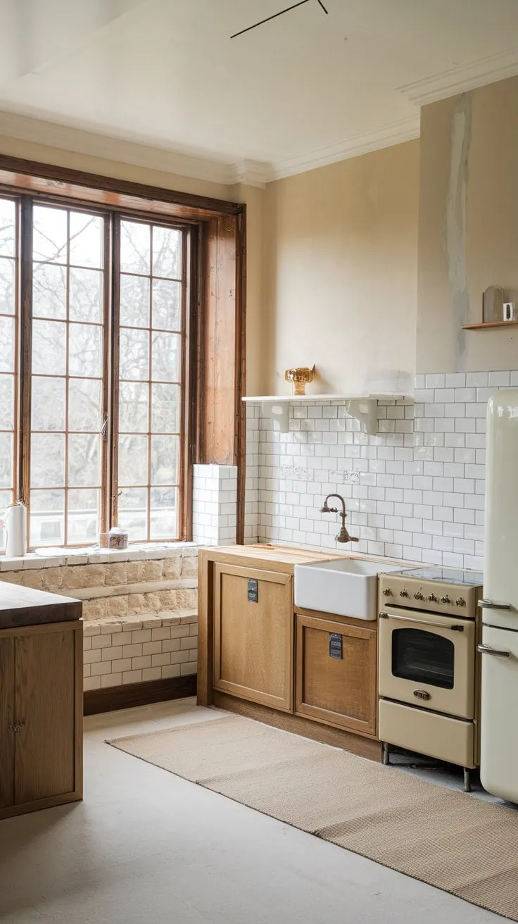A bright, airy traditional kitchen renovation boasts classic wooden elements and a timeless design, highlighted by a large window and white subway tile backsplash.
