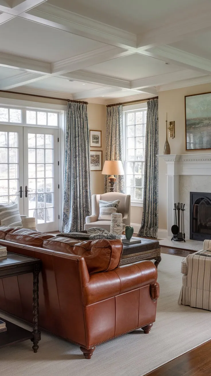 A colonial-style home's traditional living room, featuring a leather couch, fireplace, and French doors, blends family-friendly functionality with transitional design.