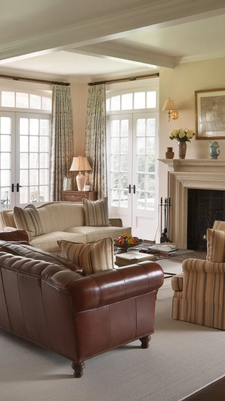 A fireplace-centered French country living room boasts colonial architecture, leather couches, and a formal sitting area perfect for traditional gatherings