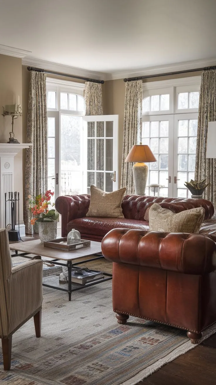 A colonial home's transitional living room boasts French country charm with a leather couch, fireplace, and inviting sitting area.