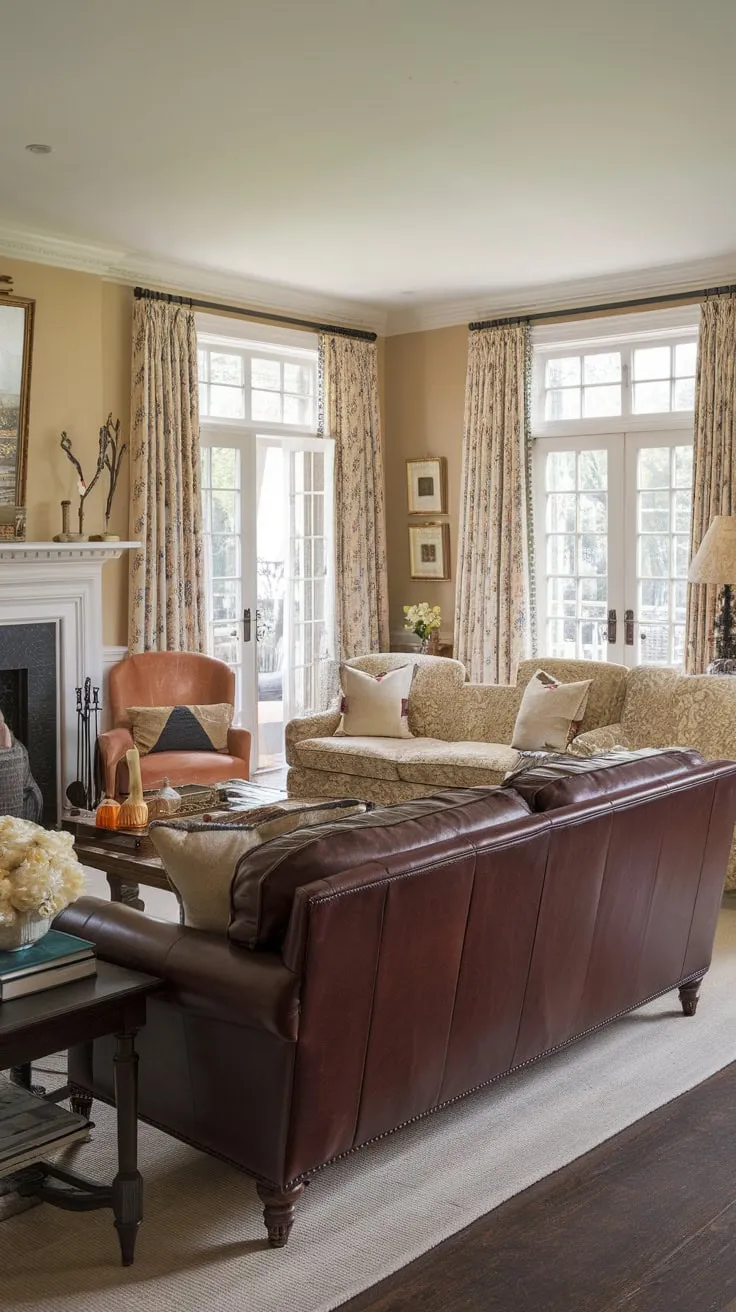 A colonial-style home's French country family room boasts a fireplace, leather couches, and French doors, creating a sophisticated yet comfortable traditional living space