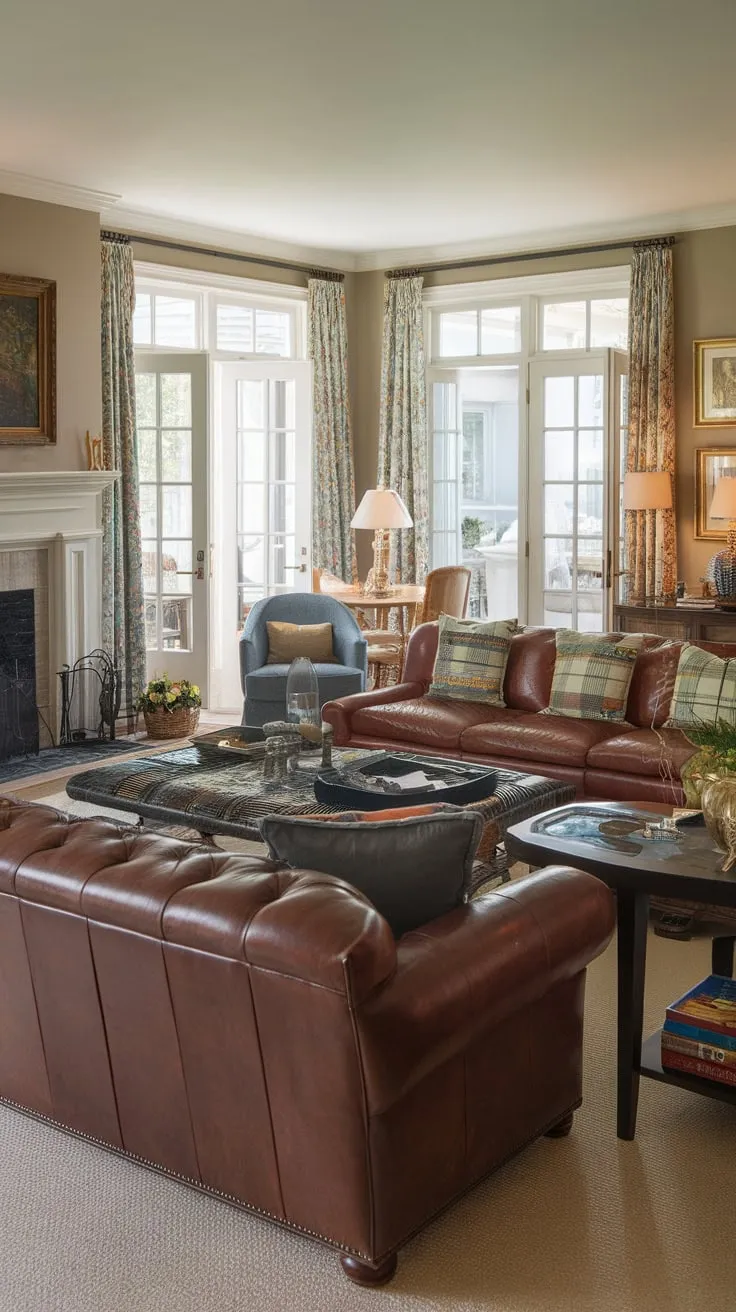 Rich artwork and comfortable furniture define this inviting traditional living room centered around a fireplace and French doors.