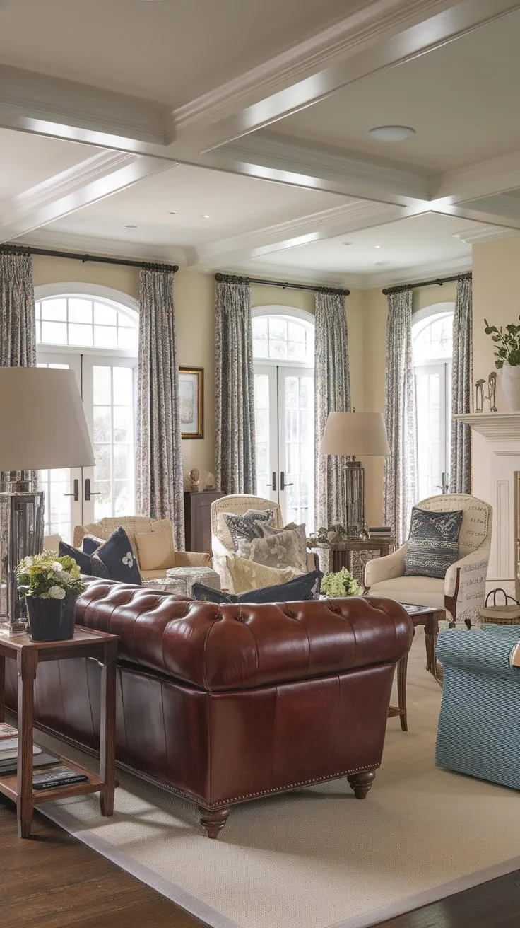 A stately colonial living room, featuring a fireplace and French doors, offers both formal elegance and comfortable family seating with facing couches.