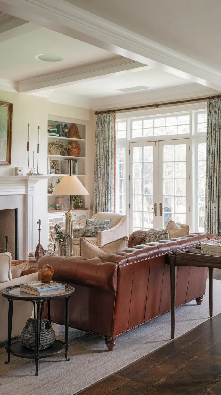 French doors and a fireplace highlight the elegant yet lived-in feel of this traditional leather-furnished living room in a colonial home.