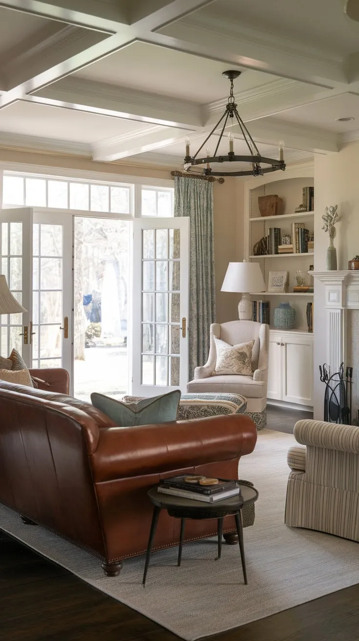 A charming French country living room, complete with fireplace, leather couch, and French doors, blends colonial style and transitional design in a traditional home.