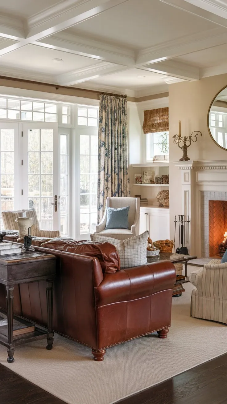 A colonial-style French country living room boasts a leather couch, fireplace, and French doors opening to the outdoors.