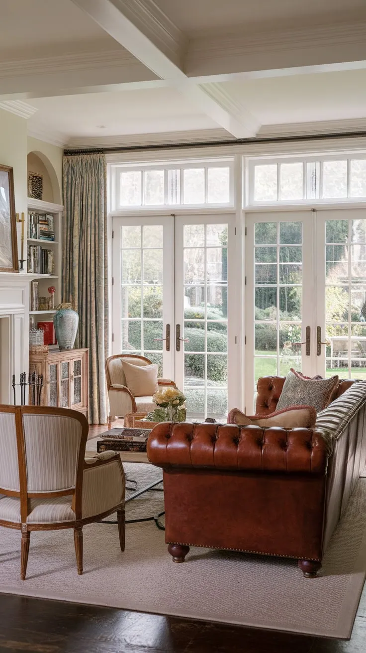 A colonial-style home's traditional French Country living room features a leather seating area by a fireplace, French doors opening to a garden, and a blend of traditional and modern design elements.