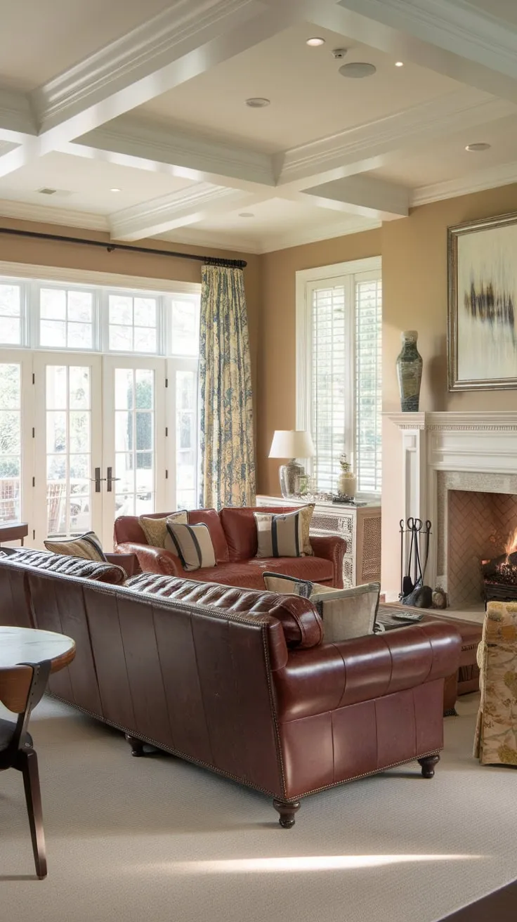 A high-ceilinged traditional living room, featuring a leather couch, fireplace seating area, and formal dining space, exudes colonial charm with French doors opening to the outdoors