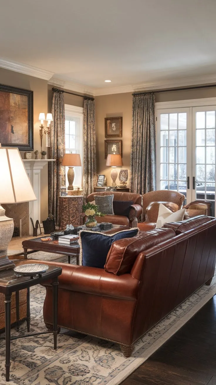 Warm lighting and classic furnishings create a comfortable and inviting traditional sitting area.