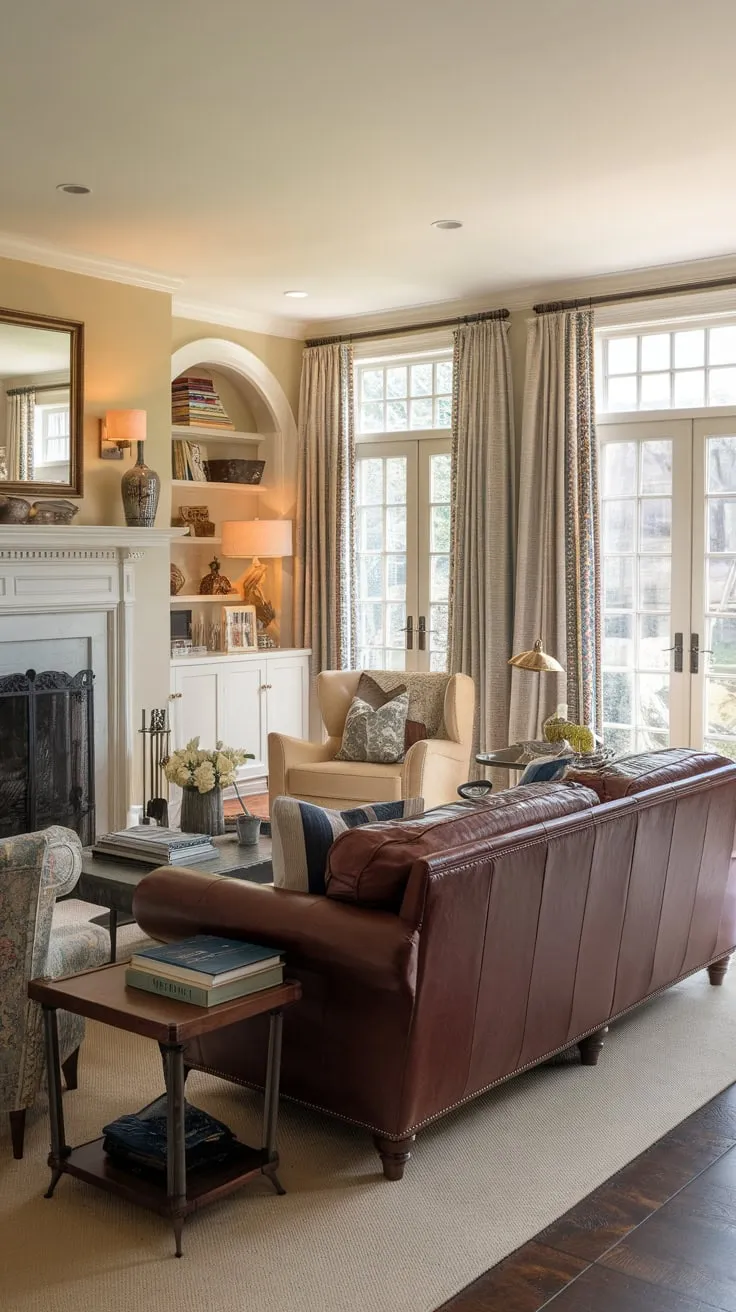 A classic fireplace anchors this inviting living room, blending formal and family-friendly elements in a comfortable colonial setting.