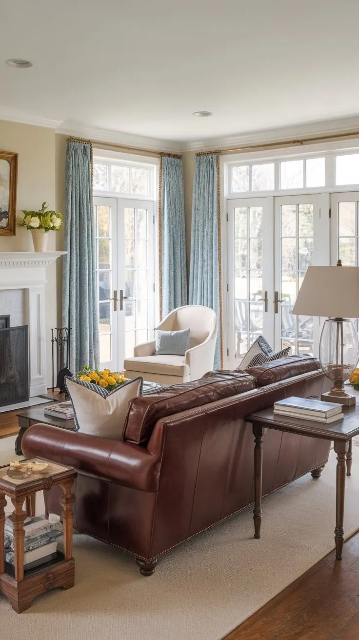A colonial-style home boasts a French country formal living room, featuring a fireplace, leather couches, and French doors opening to the outdoors.