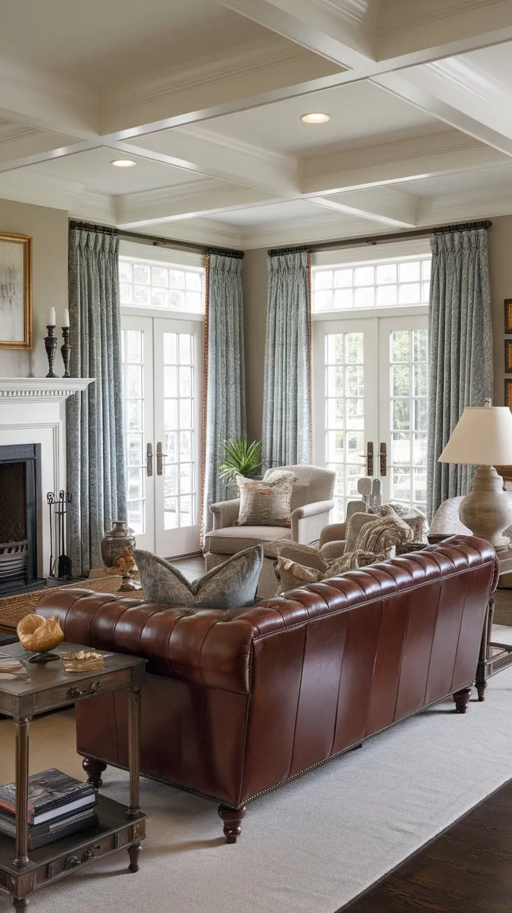 A colonial-style living room boasts a traditional fireplace, French doors, and a leather couch in a formal yet comfortable family setting