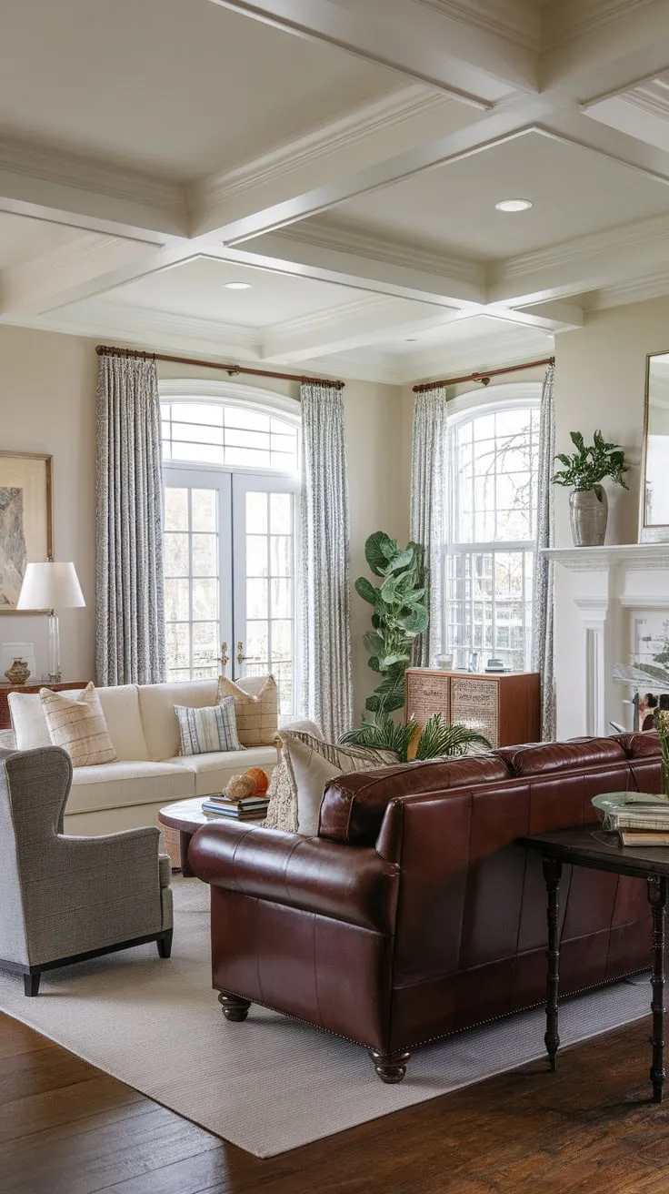 A grand colonial living room, complete with fireplace, high ceilings, and elegant furnishings, evokes timeless comfort and sophistication.