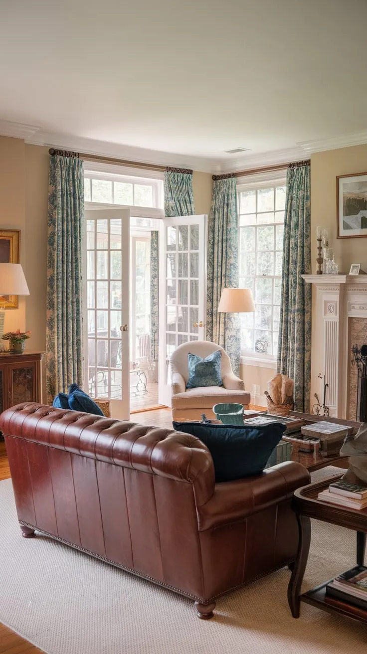 A colonial-style home boasts a traditional living room featuring a leather couch, fireplace, and French doors, perfect for both formal gatherings and family relaxation.