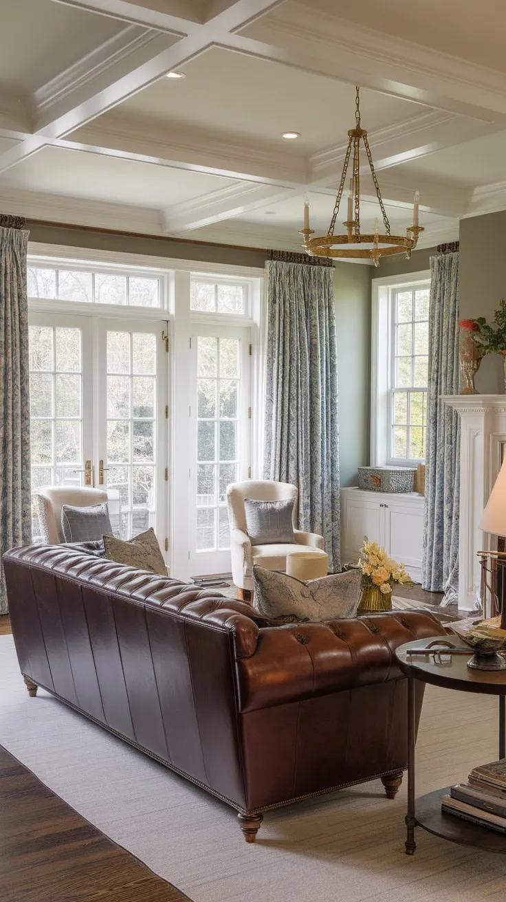 Elegant French country details define this traditional living room, complete with a fireplace, leather seating, and access to an outdoor space.