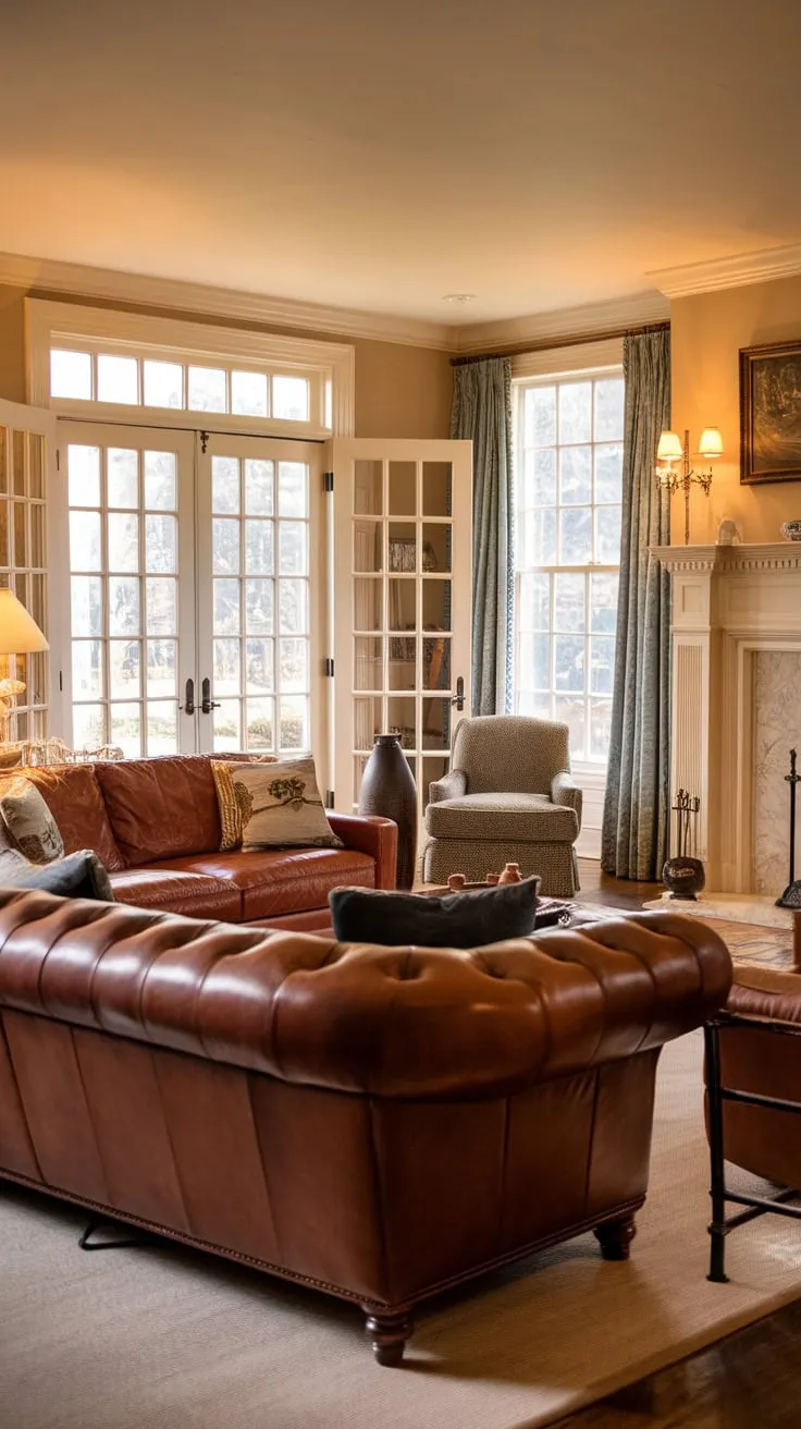 A traditional living room's colonial architecture, fireplace, and leather furniture are highlighted by warm lighting and carefully placed decorative accents.