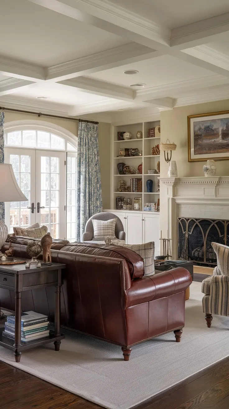 A colonial house boasts a traditional living room featuring a leather couch, fireplace, and French doors, creating a refined yet comfortable sitting area.