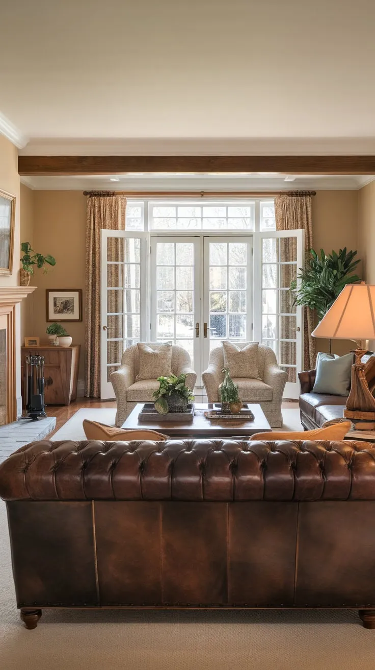 A warm beige living room features a leather couch, fireplace, and French doors opening to an inviting outdoor space.