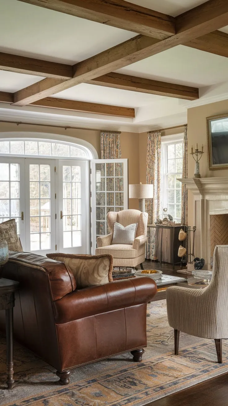 This traditional living room, situated in a colonial home, offers a charming blend of French country style, featuring a fireplace, leather seating, and French doors opening to the outdoors.