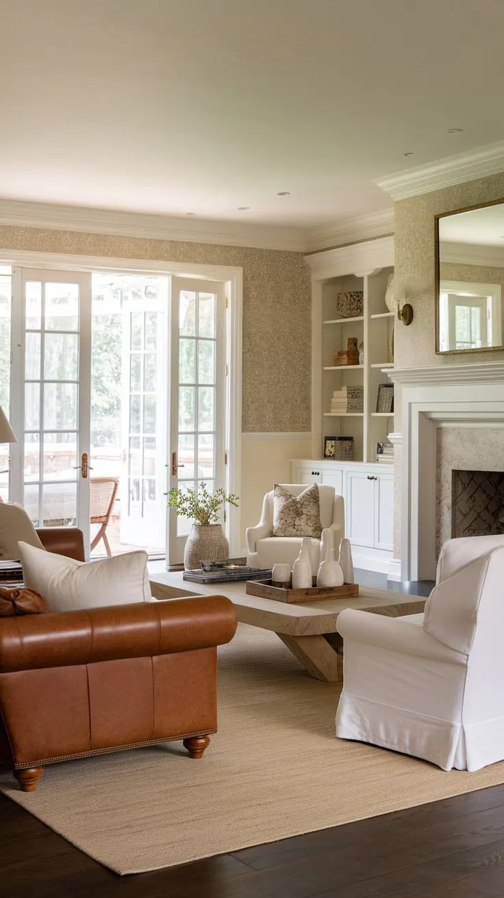 A colonial-style home's traditional living room is elegantly defined by its beige and white palette, leather seating, and wood accents, opening to an outdoor view through French doors.