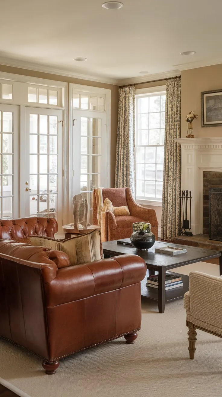 A warm, inviting colonial living room features a leather couch, fireplace, and French doors, creating a traditional yet transitional atmosphere.