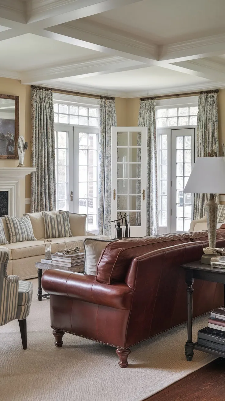A colonial-style home's versatile living room, featuring a fireplace, French doors, and leather couches arranged for both formal entertaining and family relaxation.