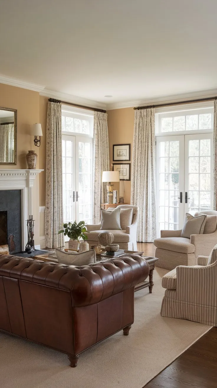 A beige-walled colonial living room, complete with fireplace, French doors, leather sofa, and facing couches, evokes classic elegance.