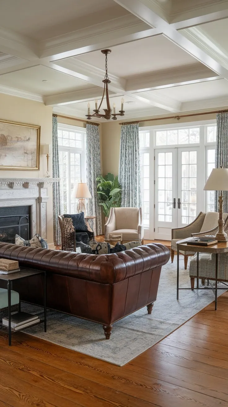 Warmth and sophistication define this traditional living room, complete with comfortable seating, a fireplace, and charming colonial details.
