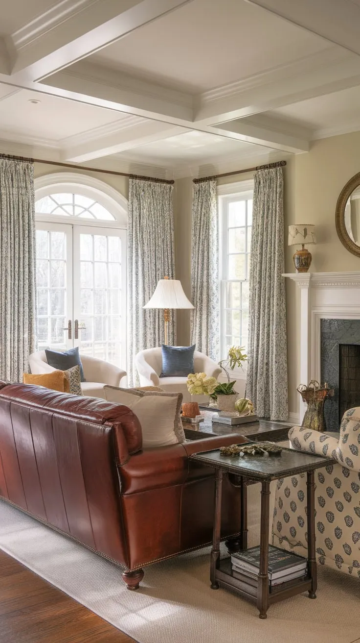 A colonial home's formal living room, blending French country and transitional styles, features a fireplace, leather couches, and French doors creating a comfortable yet elegant family space