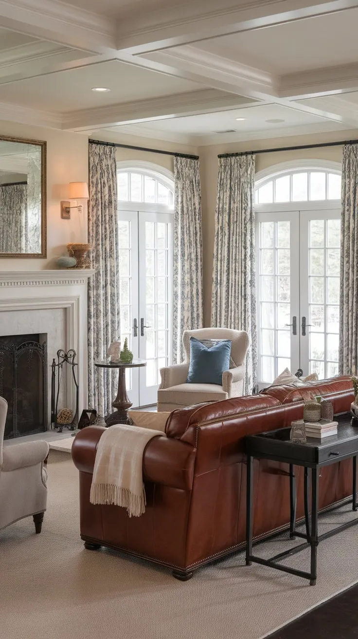 A formal yet family-friendly living room blends French country and colonial styles with a fireplace, leather couch, and French doors.