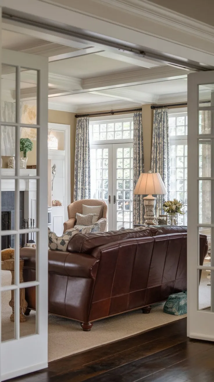 Low-angle view of a colonial living room showcasing a leather couch, fireplace, French doors, and a blend of transitional and French country design elements.