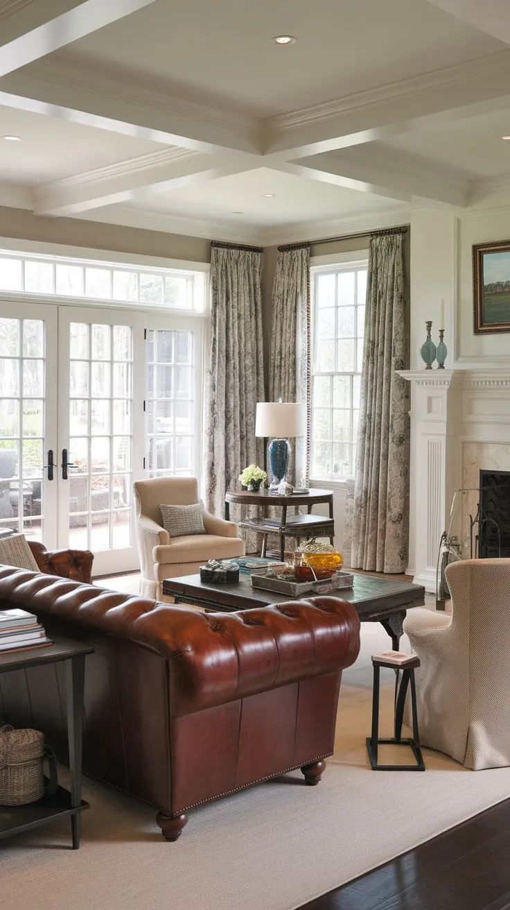 A colonial-style home's traditional living room boasts a leather sofa, fireplace, and French doors, blending classic elegance with modern touches