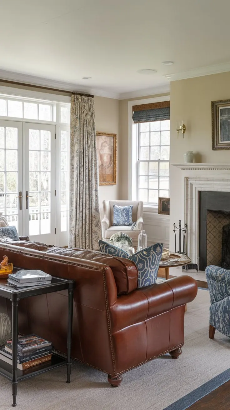 French doors and artwork enhance the traditional elegance of a leather-sofa-centered living room featuring a fireplace and cozy sitting area.