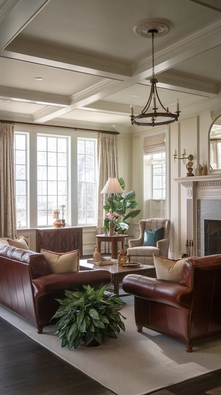 A grand colonial living room, complete with leather couches, fireplace, and high ceilings, evokes timeless elegance.