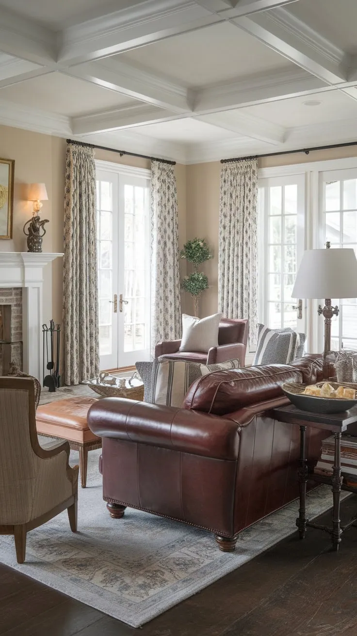 A colonial-inspired living room, featuring French country details and comfortable seating arranged around a fireplace, exudes traditional elegance.