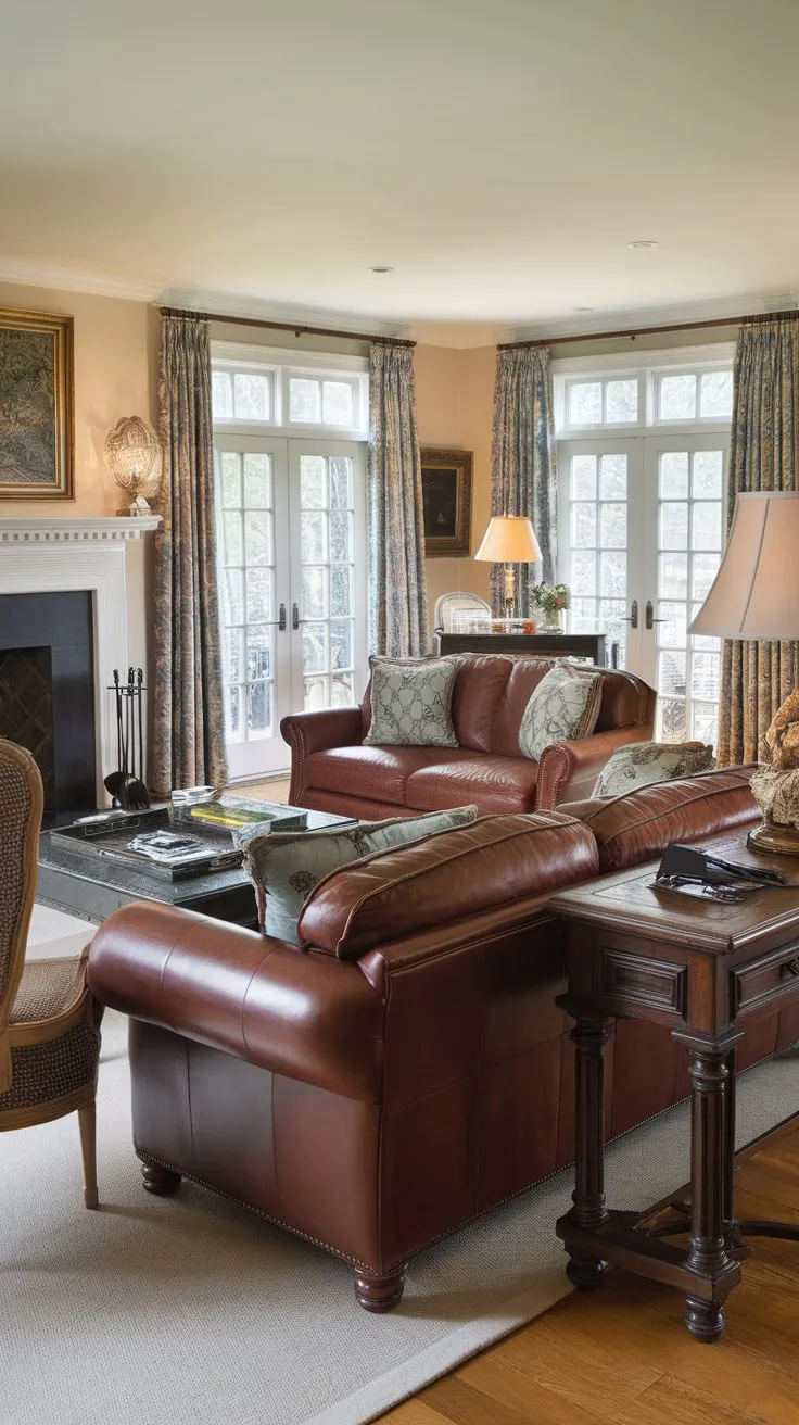 A traditional living room's charm shines through its hardwood floors, fireplace, French doors, and comfortable seating arrangement.