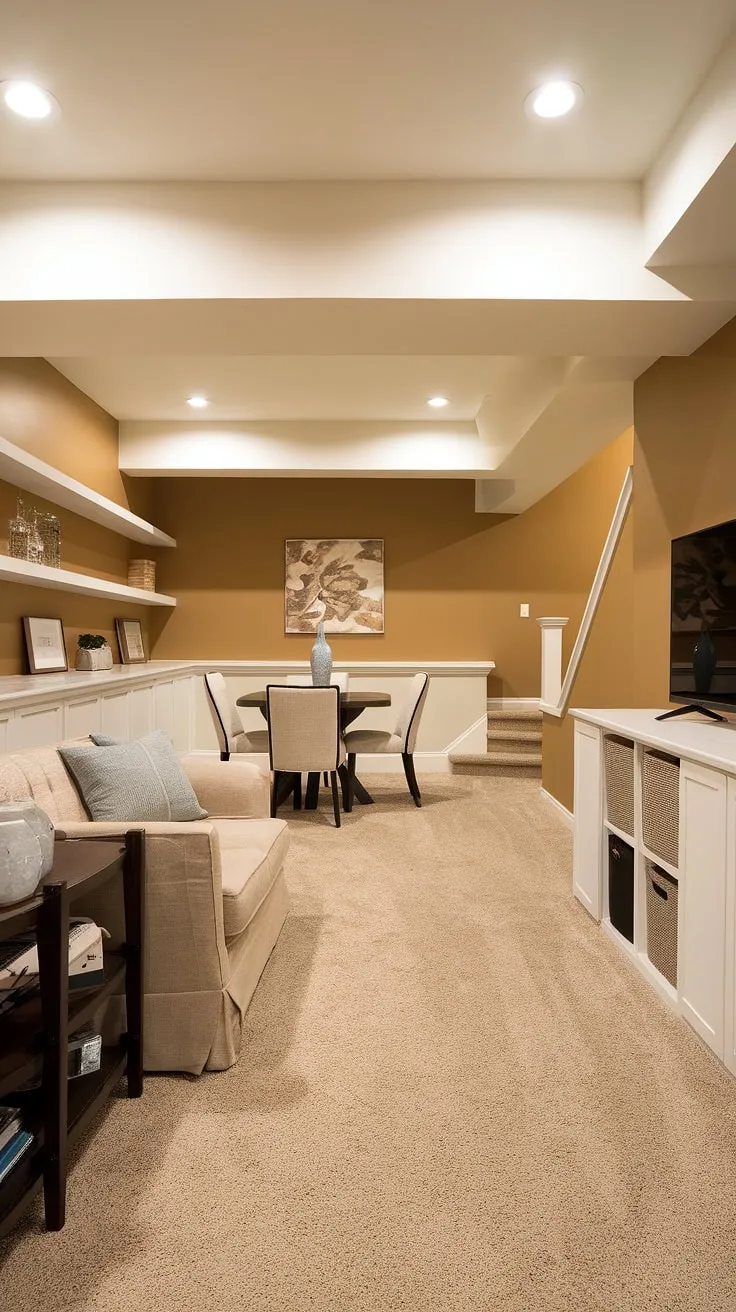 This basement remodel is a stunning example of how to transform unused space into a warm and inviting living area. The neutral color palette, complemented by the stylish furniture and built-in storage, creates a functional and aesthetically pleasing space perfect for relaxing and entertaining. A true testament to thoughtful design and efficient use of space.