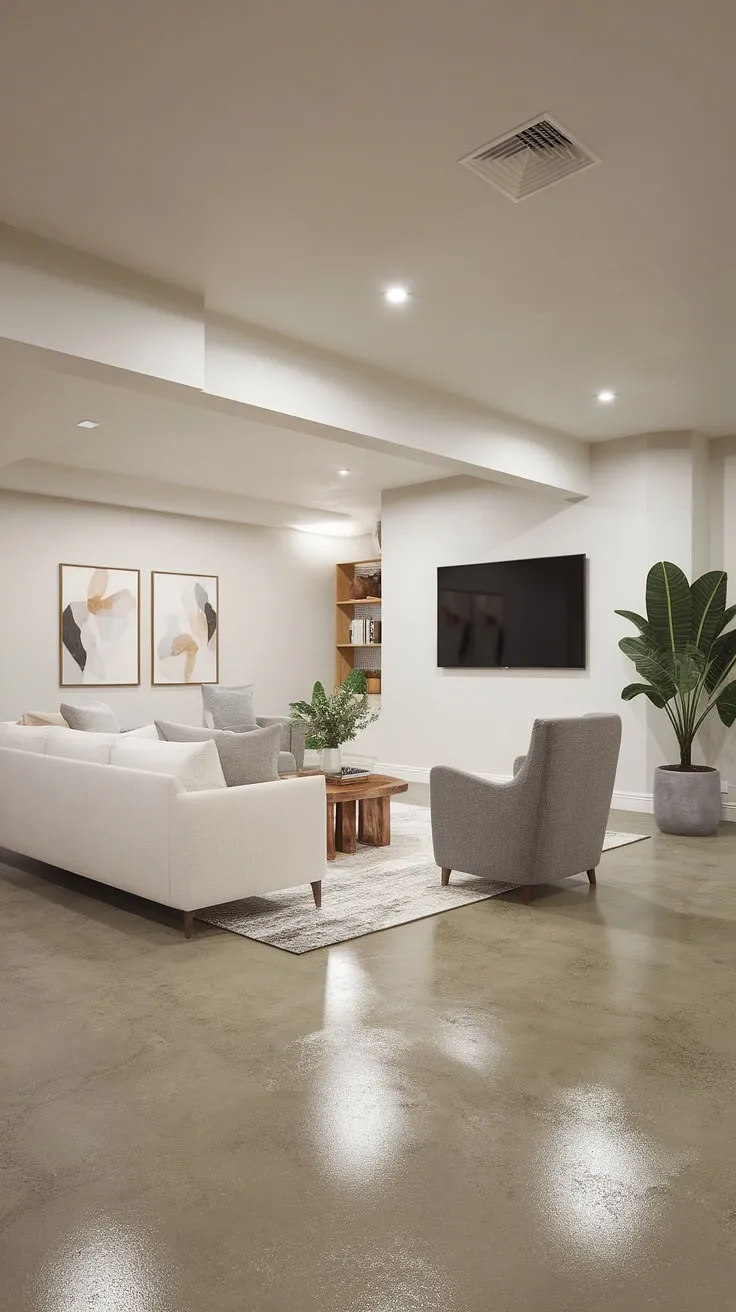 From drab to fab! This remodeled basement is now a bright and airy living room, perfect for relaxing and entertaining. The polished concrete floor, comfortable seating, and tasteful artwork create a sophisticated yet inviting space. A testament to the transformative power of design.