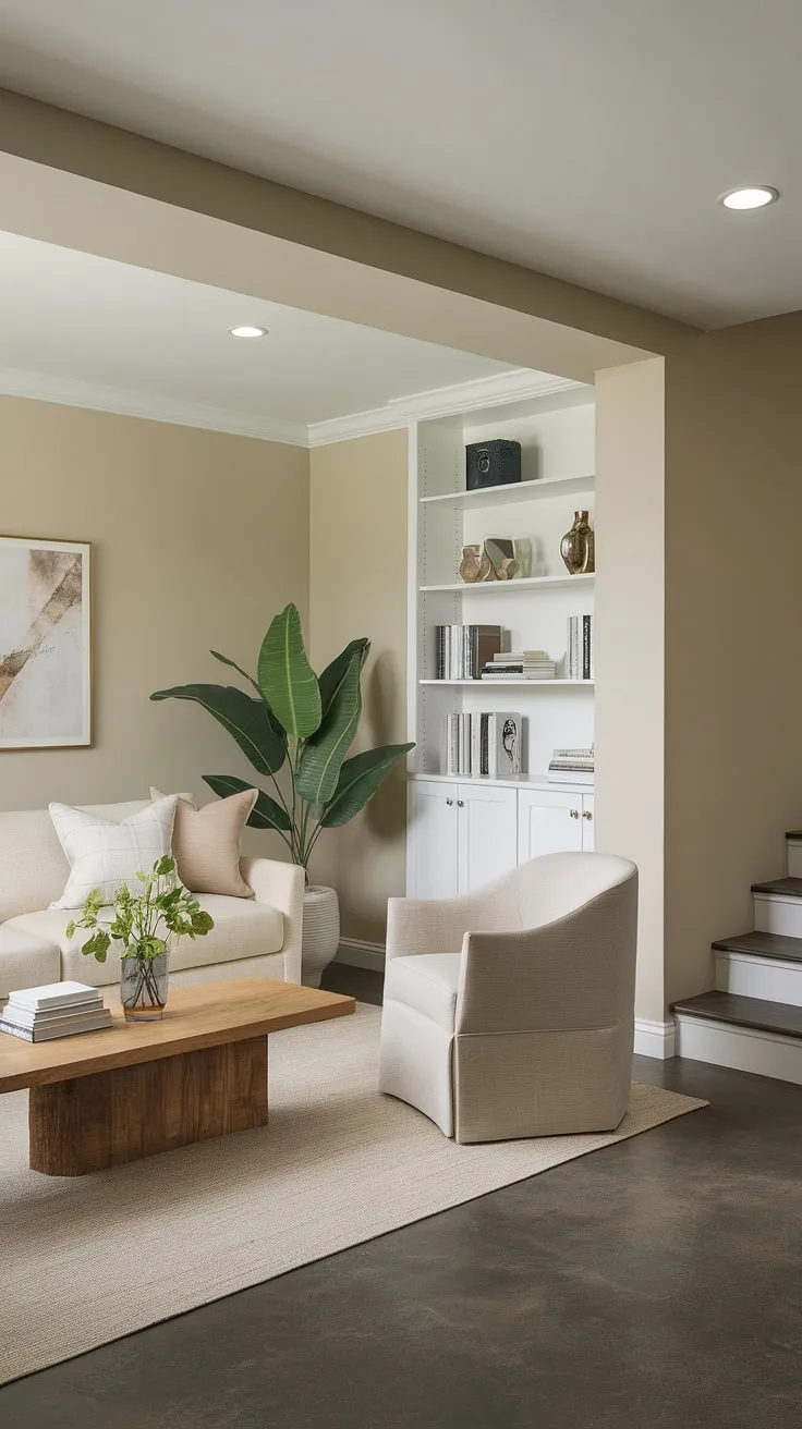 Forget dark and dingy basements! This space effortlessly transforms a subterranean area into a stylish and functional living room. The neutral color palette, anchored by a comfortable beige sofa and complemented by a touch of greenery, creates a welcoming ambiance. The dark gray concrete floor adds a modern edge, while the simple white bookshelf provides practical storage. A perfect example of maximizing space and style.