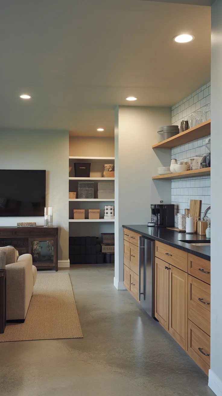 This transitional basement seamlessly blends comfortable living with practical storage. The open-plan design maximizes space, featuring a cozy living area, a well-equipped kitchenette, and ample shelving for all your belongings. A perfect example of how to transform an underutilized space into a functional and stylish addition to your home.