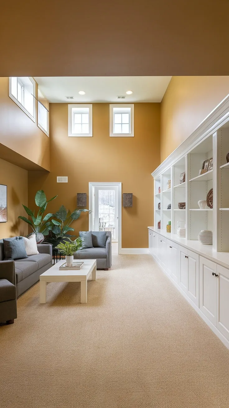 This transitional basement living room proves that even below ground, style can soar. The high ceilings and ample natural light create an airy atmosphere, perfectly complemented by the warm beige walls and cozy gray sofa. A touch of greenery adds life to the space, while the white bookshelf provides a clean, organized feel. This is a basement redefined.
