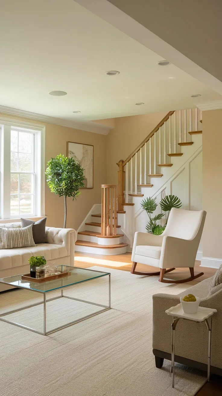 This transitional basement living room is the perfect blend of comfort and style. The large window floods the space with natural light, highlighting the neutral color palette and cozy furnishings. A touch of green adds life, while the wooden staircase adds warmth and architectural interest. It's a space designed for relaxation and connection.