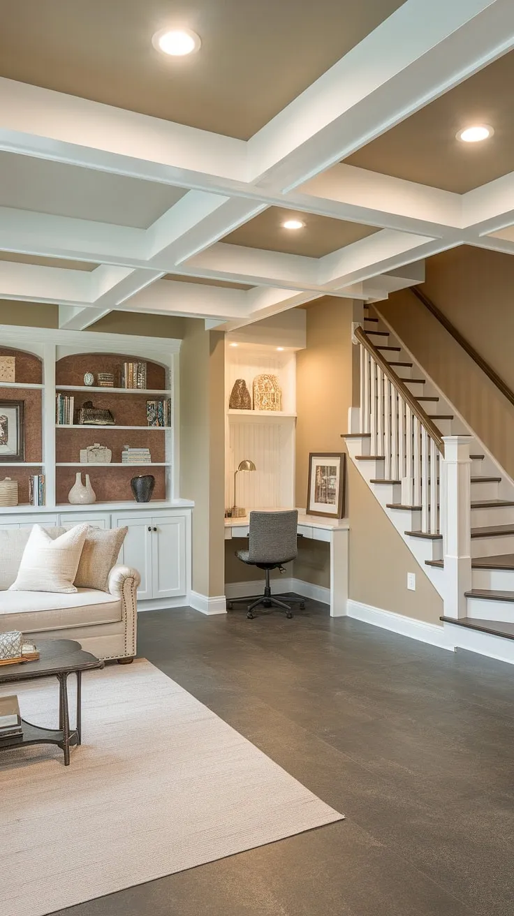This basement remodel seamlessly blends modern and traditional elements, creating a sophisticated and functional space. The exposed beams add architectural interest, while the neutral color palette and comfortable furnishings foster a relaxing atmosphere perfect for work and play. A true testament to thoughtful design.