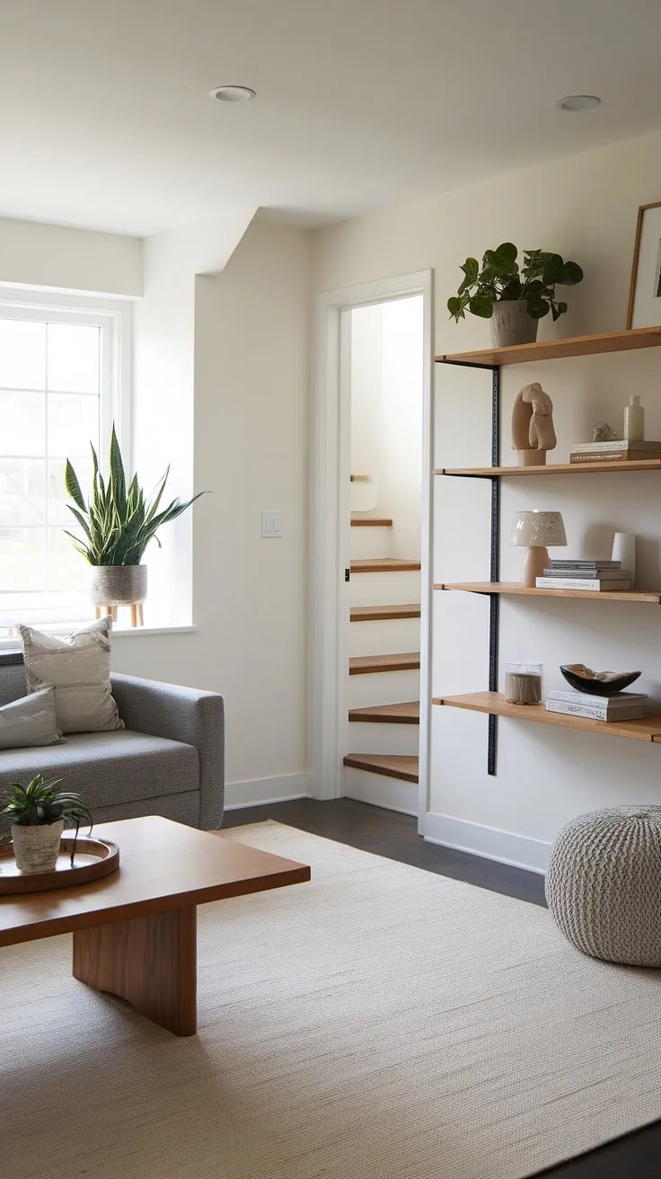 This modern transitional basement offers a surprisingly spacious and inviting living area. The neutral color palette, complemented by warm wood tones and a touch of greenery, creates a calm and sophisticated atmosphere. A perfect blend of style and comfort, it's a space designed for relaxation and effortless living.