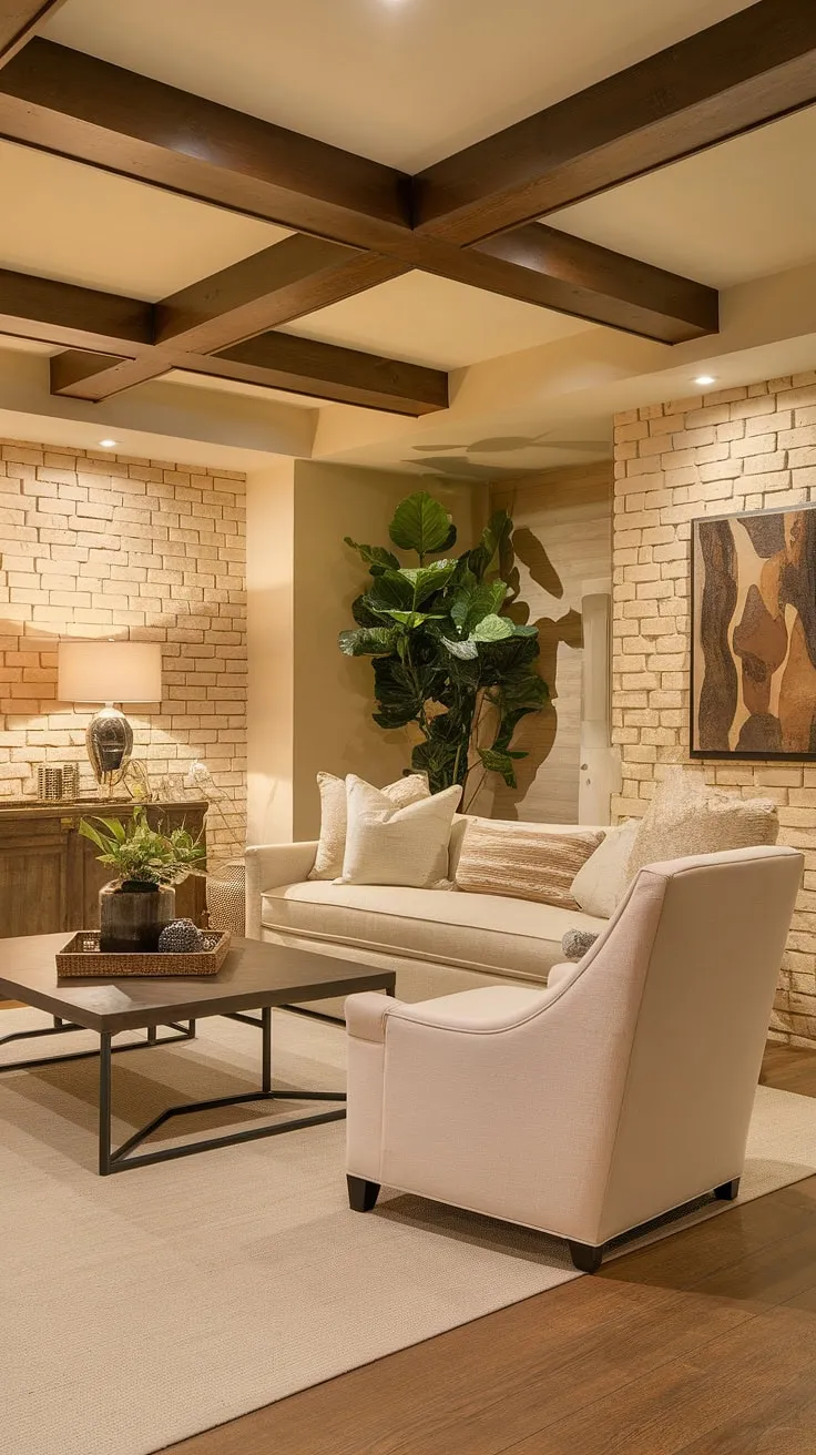 This transitional basement living room is a cozy haven, showcasing the perfect blend of rustic charm and modern comfort. The exposed wooden beams add warmth, while the beige brick walls and plush seating create a relaxing atmosphere. A large plant adds a touch of nature, completing this inviting space.