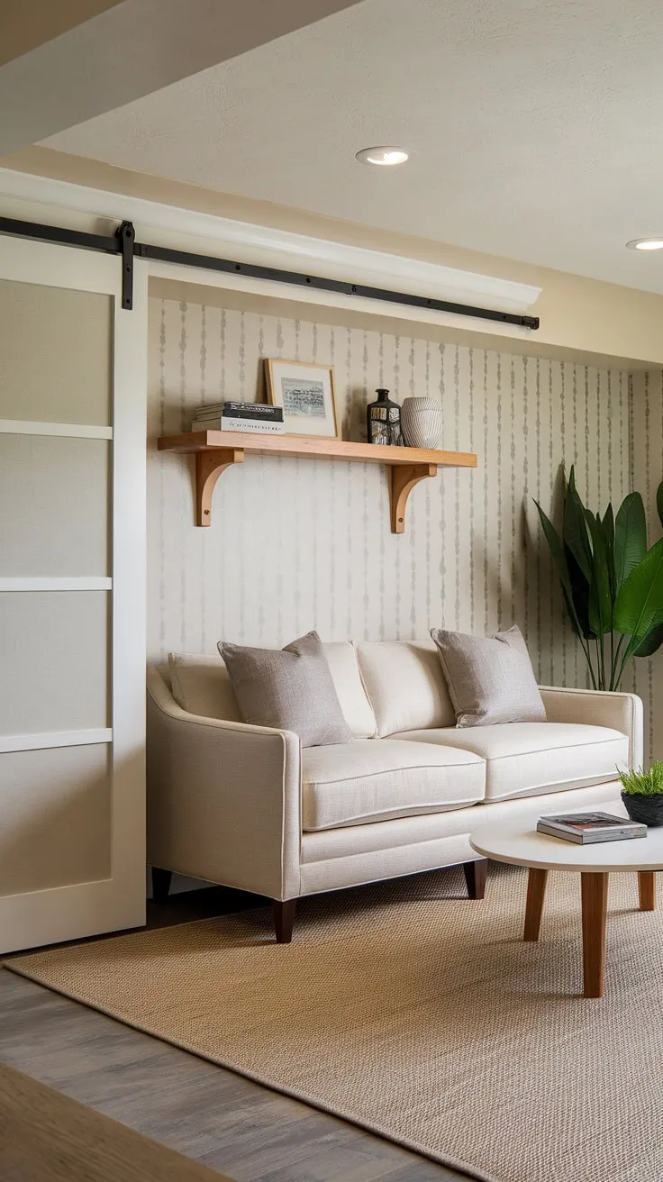 Transforming a basement into a stylish living space? This design proves it's possible! The beige sofa, white coffee table, and subtle gray and beige wall pattern create a sophisticated yet relaxed feel. The addition of a plant and wooden shelving adds warmth and personality, making this basement a true extension of the home.