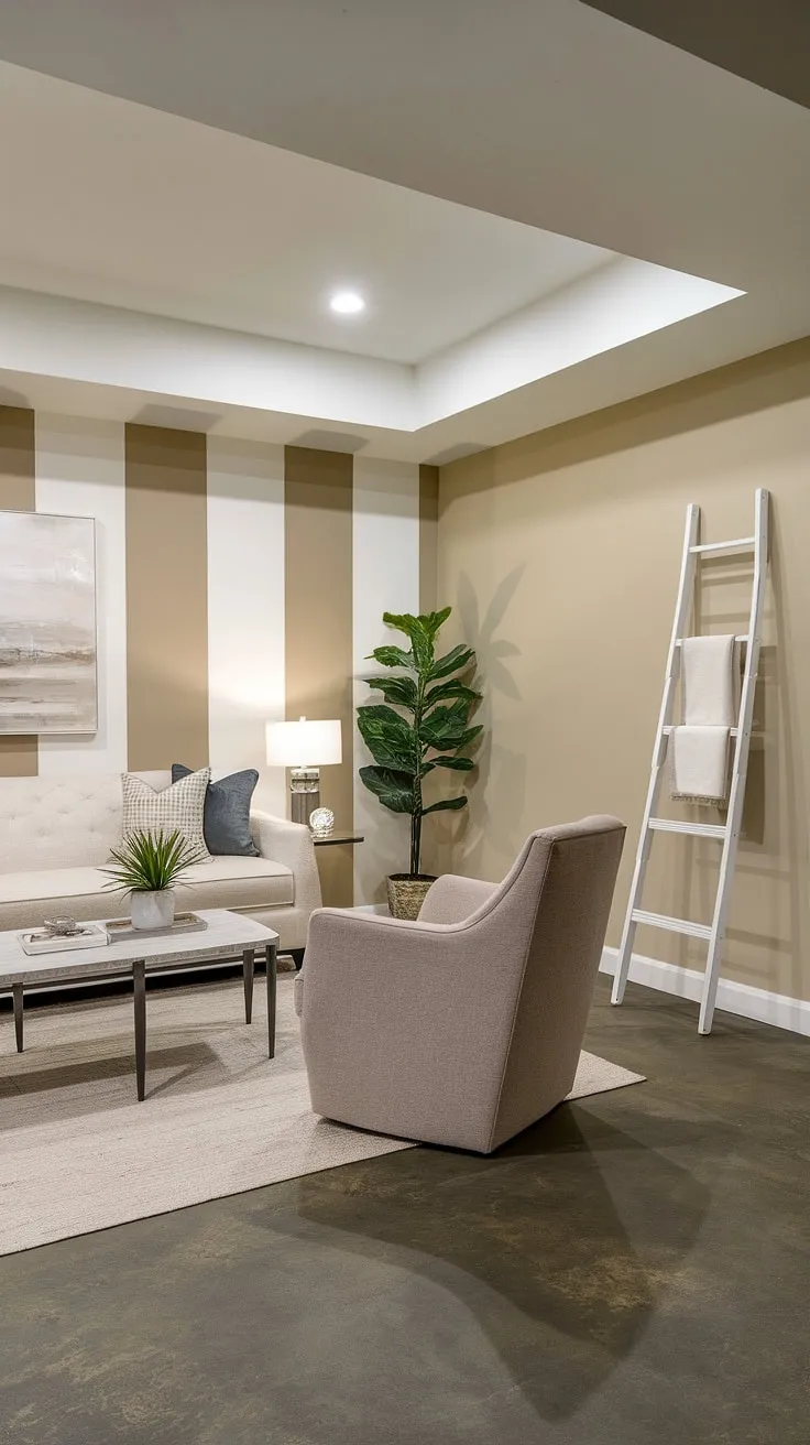 From drab to fab: This basement transformation is a testament to the power of design. The striped walls and cozy furniture create a surprisingly spacious and stylish living area. A perfect blend of comfort and contemporary chic, this space is ready for relaxation and entertaining. The concrete floor adds an industrial edge, balanced perfectly by the soft furnishings.