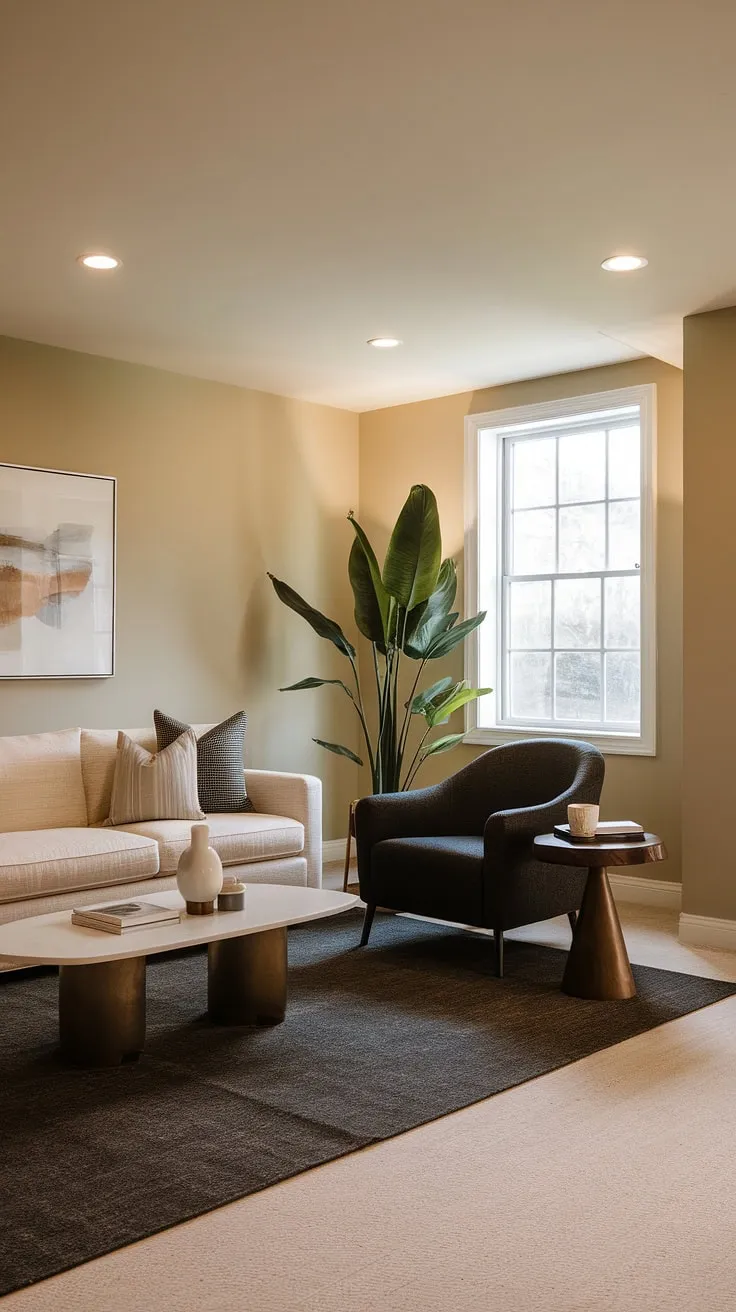 Transforming basements into stylish living spaces is easy with the right design choices. This modern retreat proves that even below ground, comfort and sophistication can thrive. A neutral palette, punctuated by a statement chair and lush greenery, creates a welcoming atmosphere. A perfect blend of functionality and aesthetic appeal.