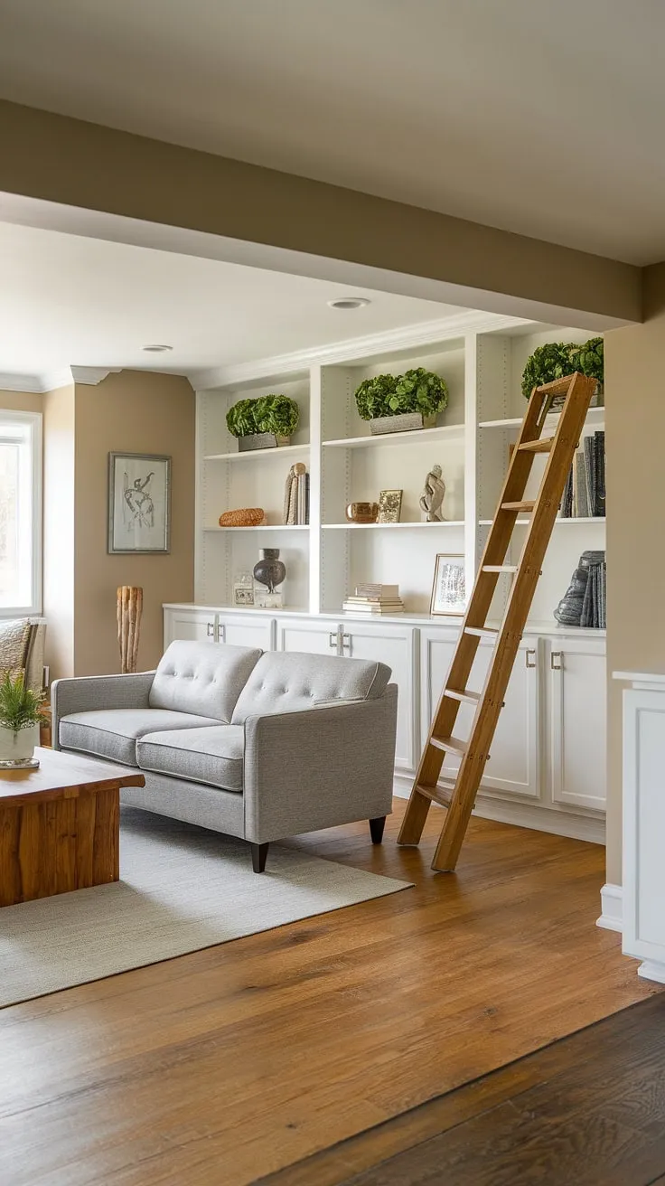 Transforming a basement into a stylish living space? This design proves it's possible. The neutral color palette, complemented by natural wood tones and pops of green, creates a serene and inviting atmosphere. The clever use of a wooden ladder as a decorative piece adds a touch of unexpected character, showcasing the space's potential for creative expression.