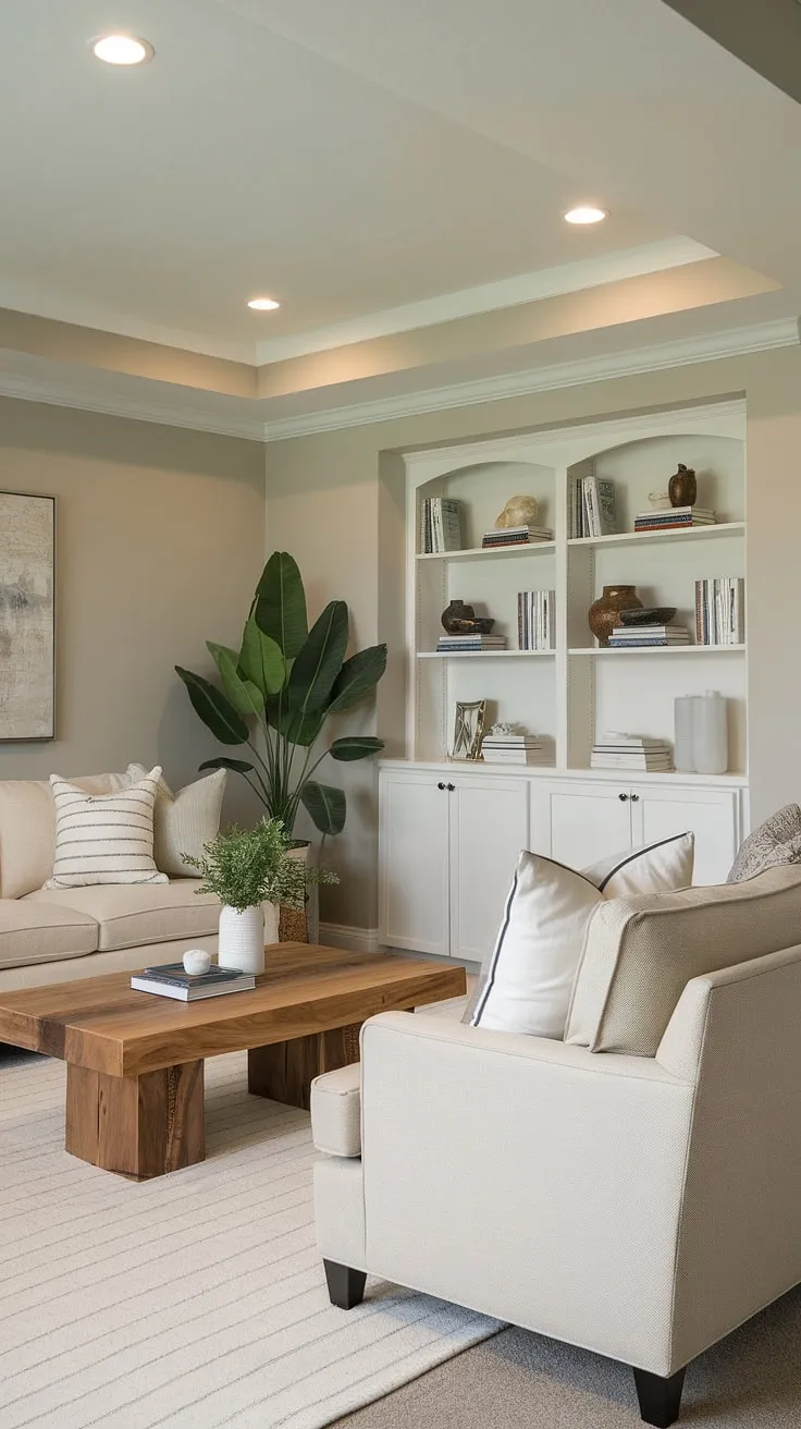 Transforming a basement into a stylish living area? This design proves it's possible. The neutral color palette, featuring light gray walls and a beige sofa, creates a sense of spaciousness. The addition of a wooden coffee table and a potted plant brings warmth and texture, while the white bookshelf adds a touch of elegance. The result? A functional and aesthetically pleasing basement retreat.